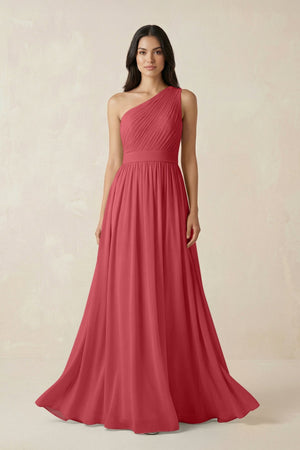 One - Shoulder Pleated Chiffon Bridesmaid Gown in Merlot - SHE IS ME Bridesmaid Dresses