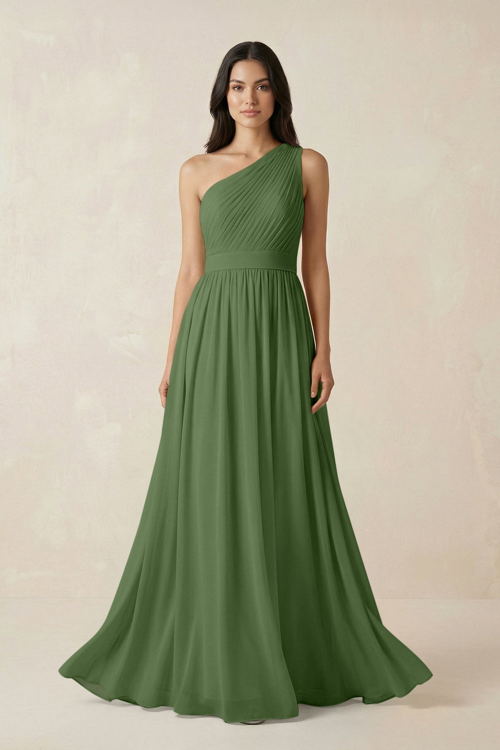 One - Shoulder Pleated Chiffon Bridesmaid Gown in Moss - SHE IS ME Bridesmaid Dresses