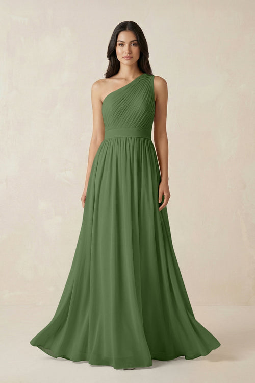 One - Shoulder Pleated Chiffon Bridesmaid Gown in Moss - SHE IS ME Bridesmaid Dresses