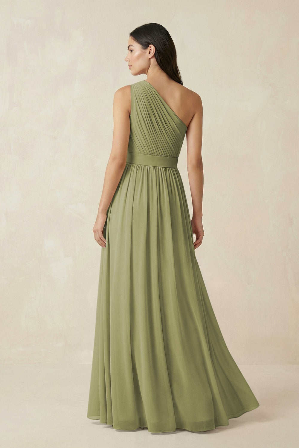 One - Shoulder Pleated Chiffon Bridesmaid Gown in Moss Green - SHE IS ME Bridesmaid Dresses