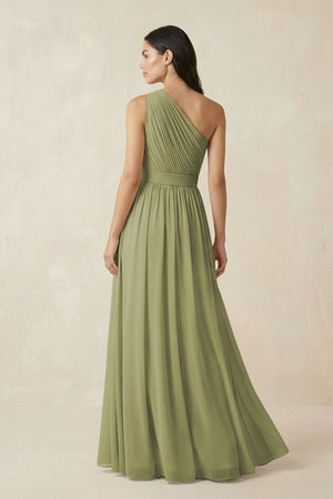 One - Shoulder Pleated Chiffon Bridesmaid Gown in Moss Green - SHE IS ME Bridesmaid Dresses