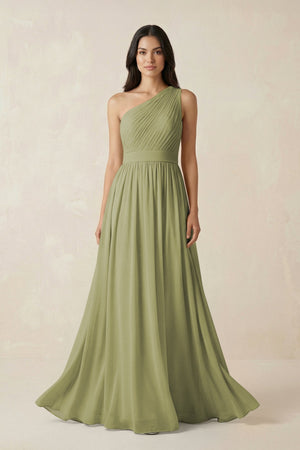 One - Shoulder Pleated Chiffon Bridesmaid Gown in Moss Green - SHE IS ME Bridesmaid Dresses