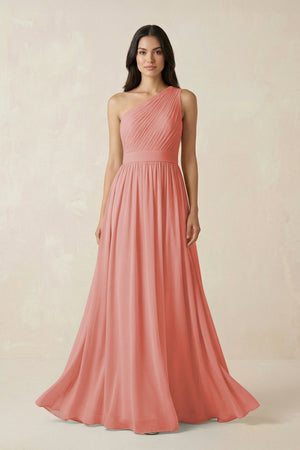 One - Shoulder Pleated Chiffon Bridesmaid Gown in Mulberry - SHE IS ME Bridesmaid Dresses