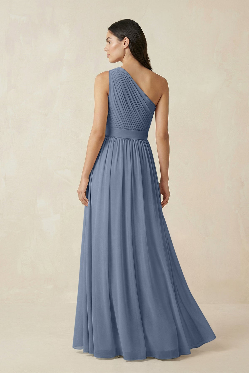 One - Shoulder Pleated Chiffon Bridesmaid Gown in Neptune - SHE IS ME Bridesmaid Dresses