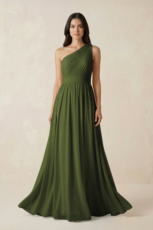 One - Shoulder Pleated Chiffon Bridesmaid Gown in Olive - SHE IS ME Bridesmaid Dresses