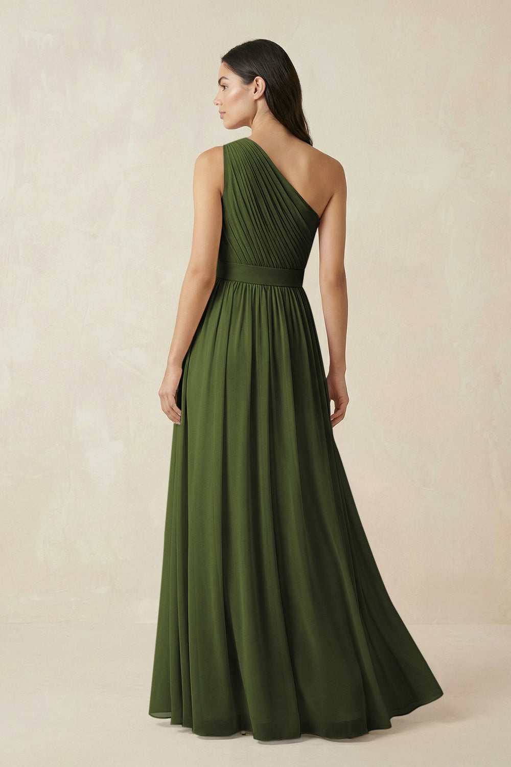 One - Shoulder Pleated Chiffon Bridesmaid Gown in Olive - SHE IS ME Bridesmaid Dresses