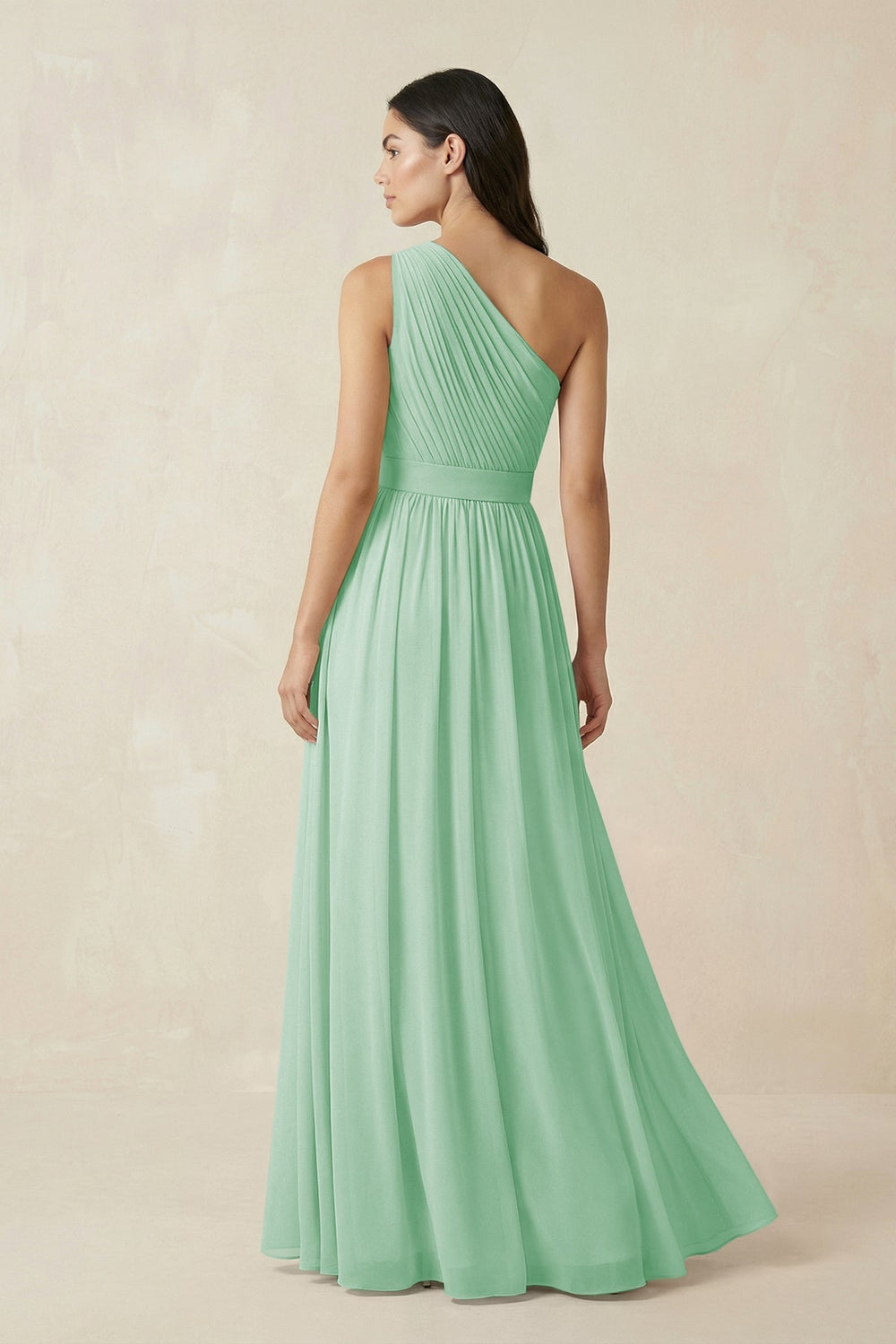 One - Shoulder Pleated Chiffon Bridesmaid Gown in Pale Pistachio - SHE IS ME Bridesmaid Dresses