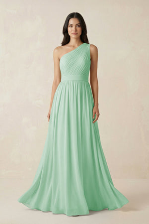 One - Shoulder Pleated Chiffon Bridesmaid Gown in Pale Pistachio - SHE IS ME Bridesmaid Dresses