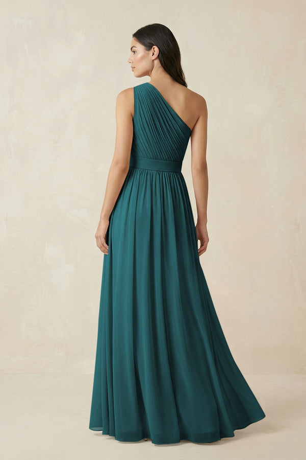 One - Shoulder Pleated Chiffon Bridesmaid Gown in Pine - SHE IS ME Bridesmaid Dresses