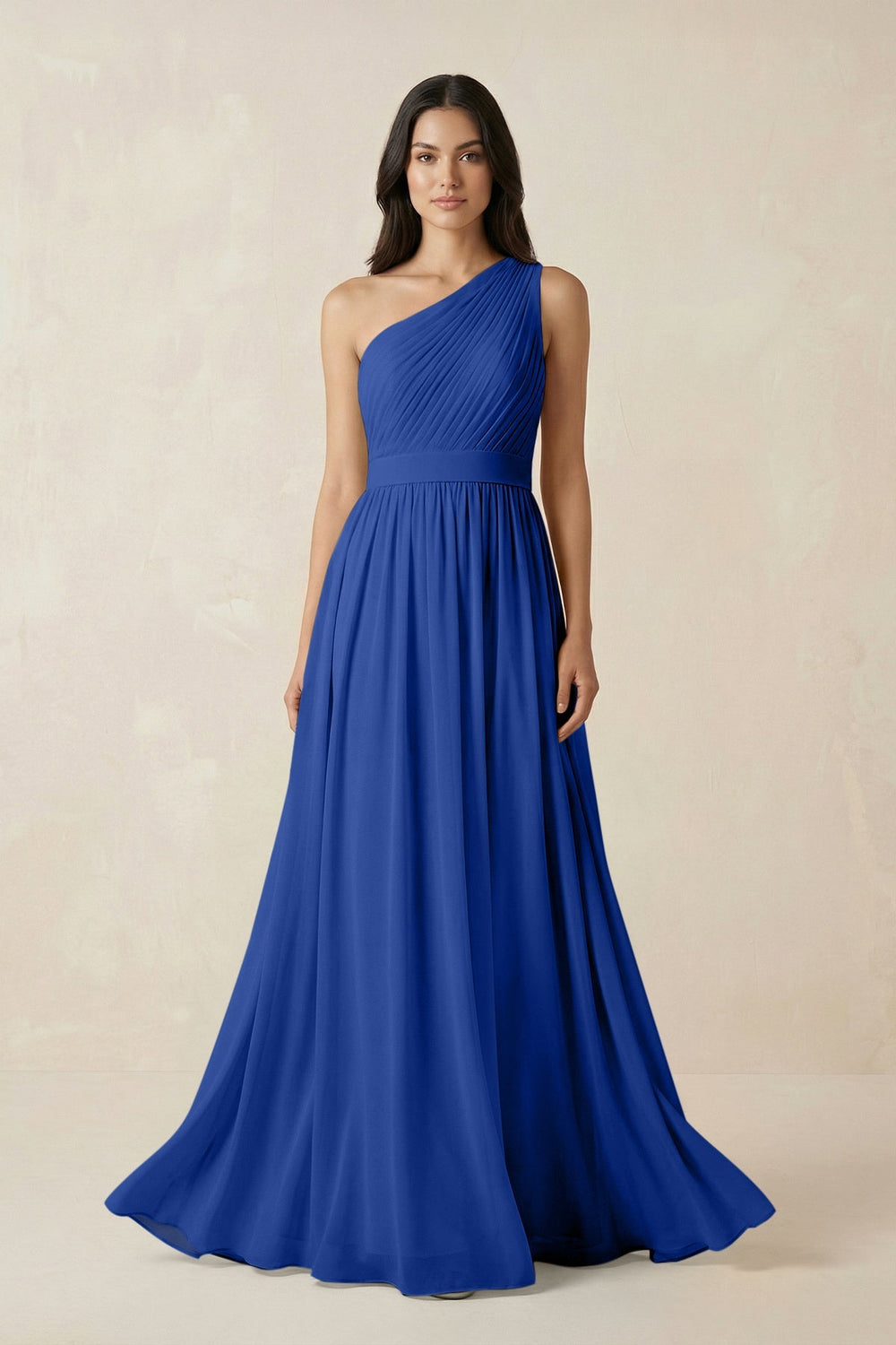 One - Shoulder Pleated Chiffon Bridesmaid Gown in Royal Blue - SHE IS ME Bridesmaid Dresses