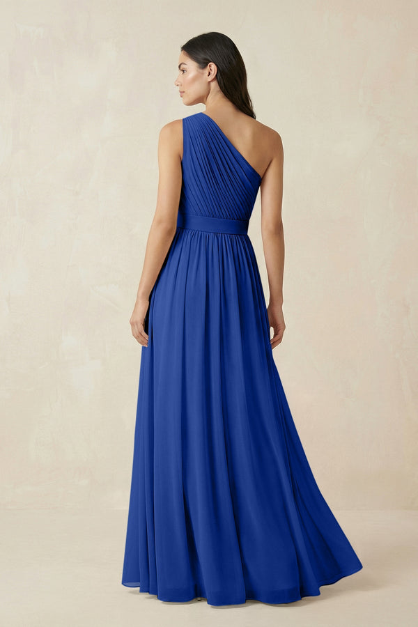 One - Shoulder Pleated Chiffon Bridesmaid Gown in Royal Blue - SHE IS ME Bridesmaid Dresses