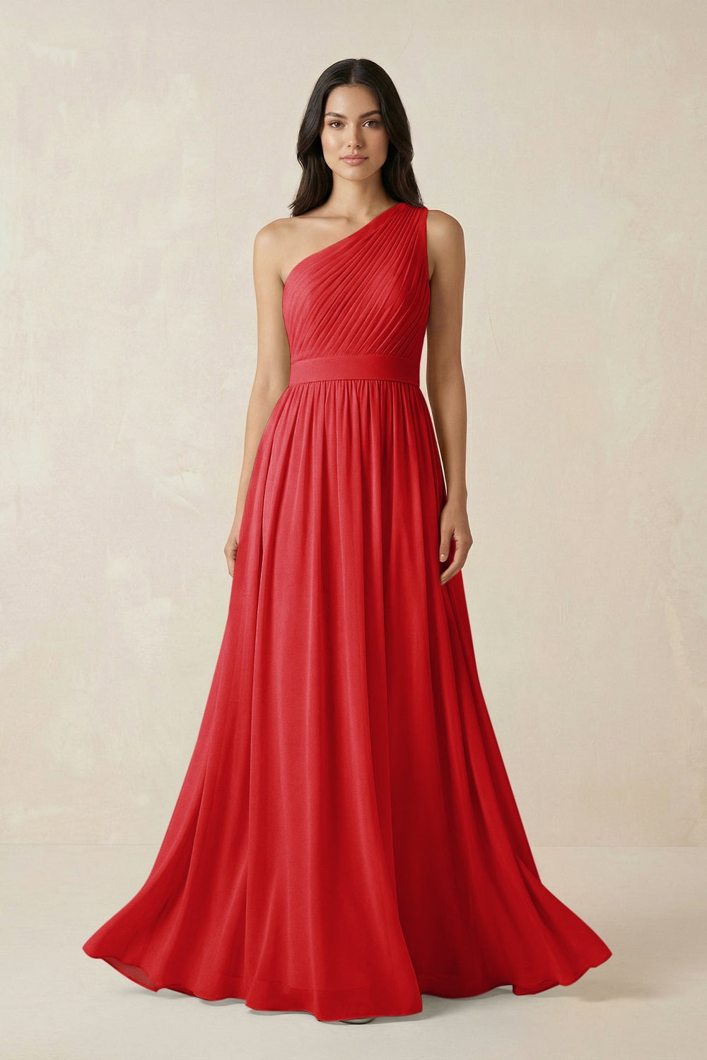 One - Shoulder Pleated Chiffon Bridesmaid Gown in Ruby Red - SHE IS ME Bridesmaid Dresses