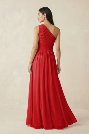 One - Shoulder Pleated Chiffon Bridesmaid Gown in Ruby Red - SHE IS ME Bridesmaid Dresses