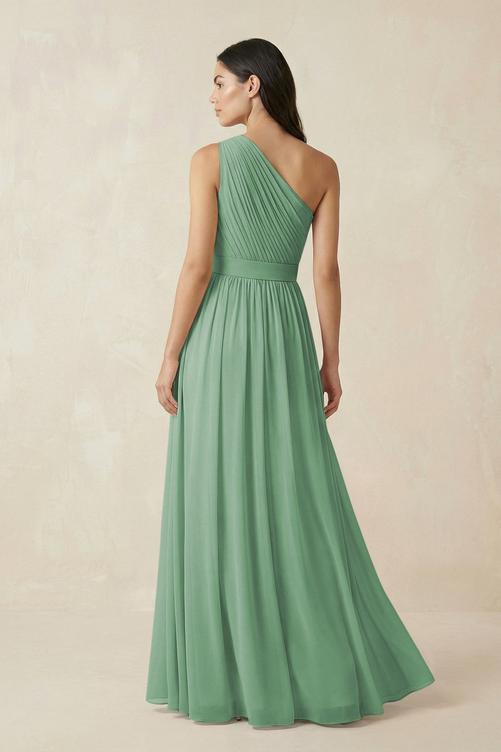 One - Shoulder Pleated Chiffon Bridesmaid Gown in Sea Glass - SHE IS ME Bridesmaid Dresses