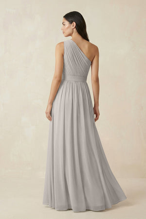 One - Shoulder Pleated Chiffon Bridesmaid Gown in Silver - SHE IS ME Bridesmaid Dresses