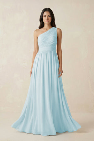 One - Shoulder Pleated Chiffon Bridesmaid Gown in Sky Blue - SHE IS ME Bridesmaid Dresses
