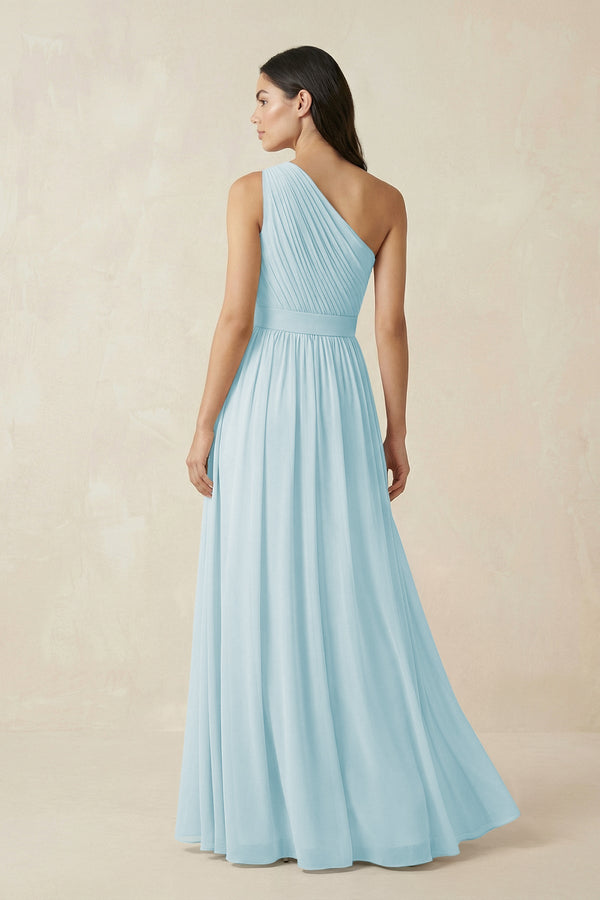 One - Shoulder Pleated Chiffon Bridesmaid Gown in Sky Blue - SHE IS ME Bridesmaid Dresses