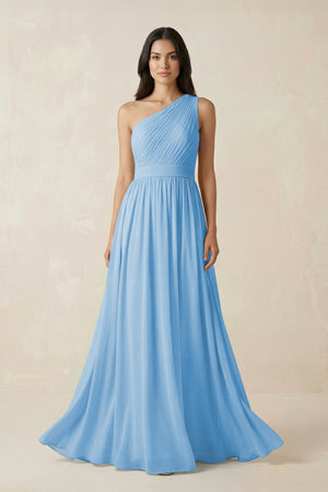 One - Shoulder Pleated Chiffon Bridesmaid Gown in Steel Blue - SHE IS ME Bridesmaid Dresses
