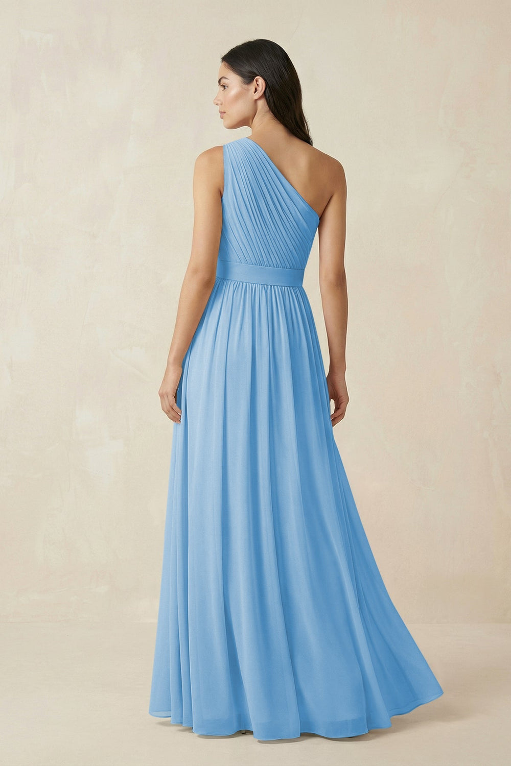 One - Shoulder Pleated Chiffon Bridesmaid Gown in Steel Blue - SHE IS ME Bridesmaid Dresses