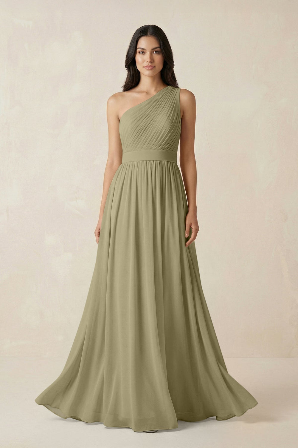 One - Shoulder Pleated Chiffon Bridesmaid Gown in Thyme - SHE IS ME Bridesmaid Dresses