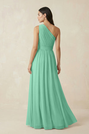 One - Shoulder Pleated Chiffon Bridesmaid Gown in Turquoise - SHE IS ME Bridesmaid Dresses