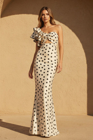 One Shoulder Polka Dot Ruffled Gown in Ivory - SHE IS ME PROM DRESSES