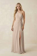 One - Shoulder Ruched A - Line Chiffon Bridesmaid Dress in Almond - SHE IS ME Bridesmaid Dresses