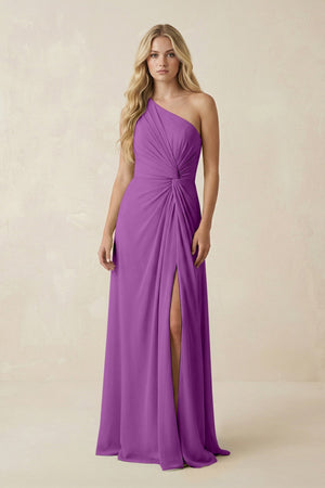 One - Shoulder Ruched A - Line Chiffon Bridesmaid Dress in Amethyst - SHE IS ME Bridesmaid Dresses