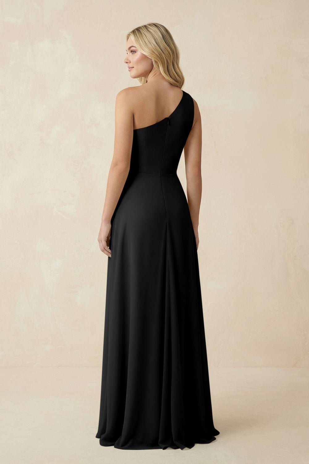 One - Shoulder Ruched A - Line Chiffon Bridesmaid Dress in Black - SHE IS ME Bridesmaid Dresses