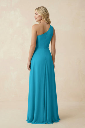 One - Shoulder Ruched A - Line Chiffon Bridesmaid Dress in Blue Jay - SHE IS ME Bridesmaid Dresses