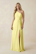 One - Shoulder Ruched A - Line Chiffon Bridesmaid Dress in Buttercup - SHE IS ME Bridesmaid Dresses
