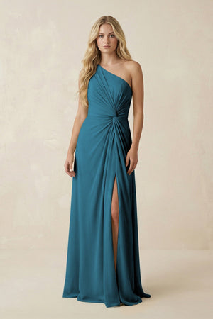 One - Shoulder Ruched A - Line Chiffon Bridesmaid Dress in Dark Teal - SHE IS ME Bridesmaid Dresses