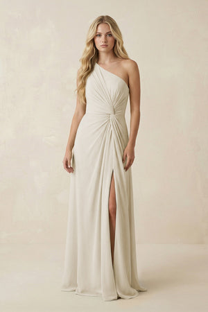 One - Shoulder Ruched A - Line Chiffon Bridesmaid Dress in Dove Gray - SHE IS ME Bridesmaid Dresses