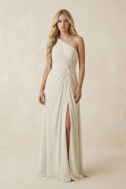 One - Shoulder Ruched A - Line Chiffon Bridesmaid Dress in Dove Gray - SHE IS ME Bridesmaid Dresses