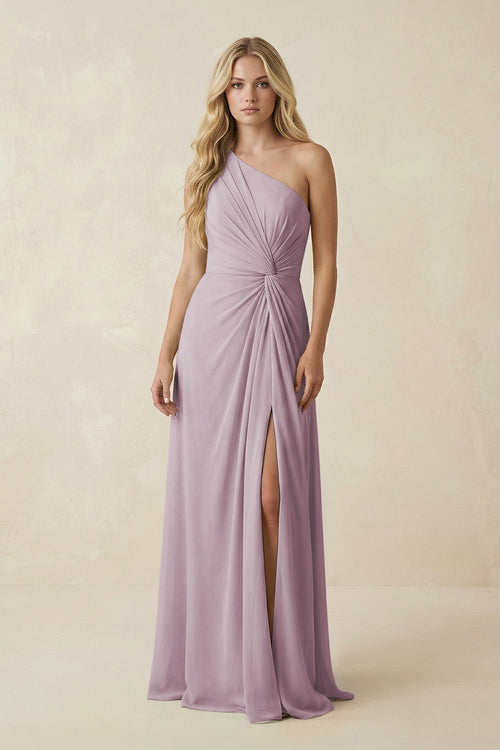 One - Shoulder Ruched A - Line Chiffon Bridesmaid Dress in Dusk - SHE IS ME Bridesmaid Dresses