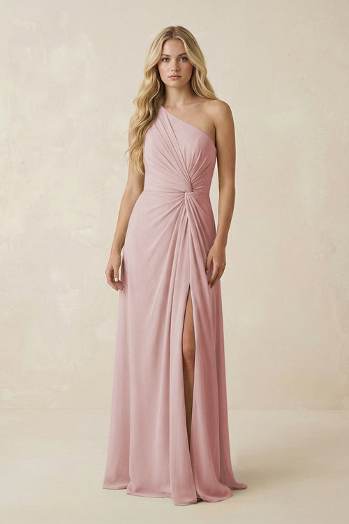 One - Shoulder Ruched A - Line Chiffon Bridesmaid Dress in Dusty Rose - SHE IS ME Bridesmaid Dresses