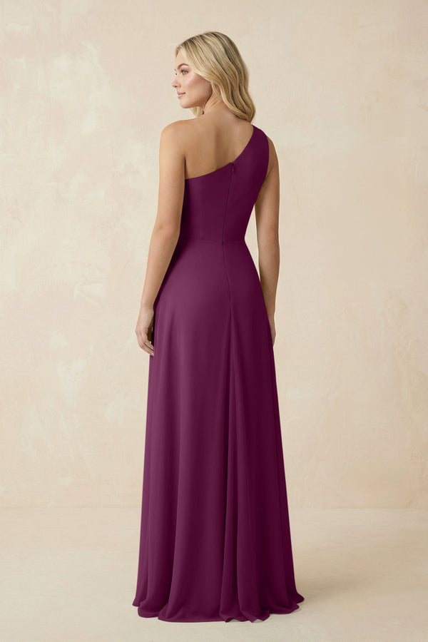 One - Shoulder Ruched A - Line Chiffon Bridesmaid Dress in Fig - SHE IS ME Bridesmaid Dresses