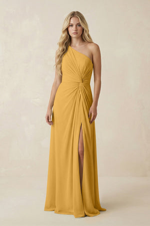One - Shoulder Ruched A - Line Chiffon Bridesmaid Dress in Marigold - SHE IS ME Bridesmaid Dresses
