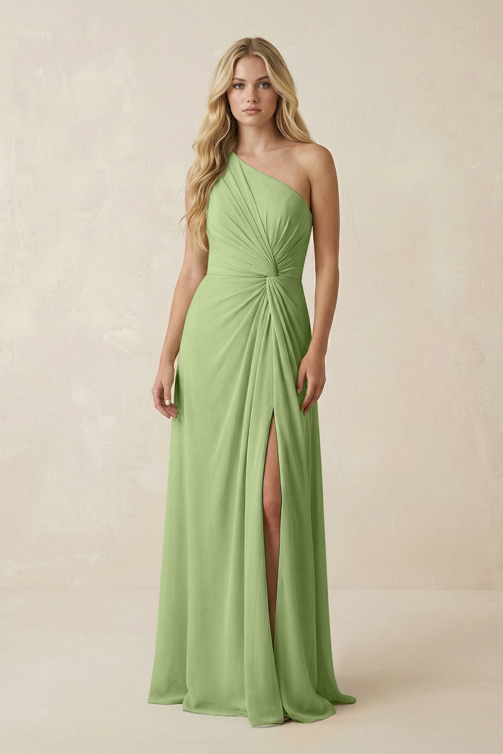 One - Shoulder Ruched A - Line Chiffon Bridesmaid Dress in Matcha - SHE IS ME Bridesmaid Dresses