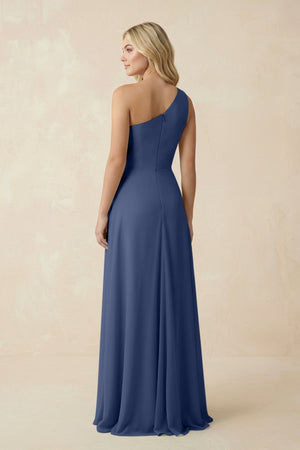 One - Shoulder Ruched A - Line Chiffon Bridesmaid Dress in Navy - SHE IS ME Bridesmaid Dresses