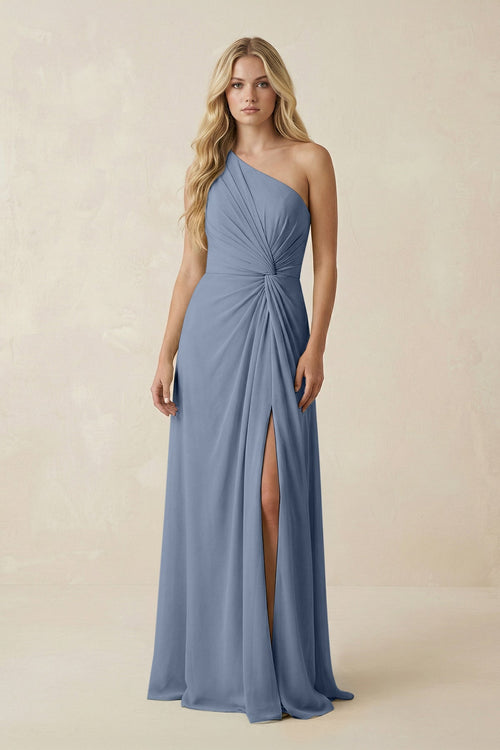 One - Shoulder Ruched A - Line Chiffon Bridesmaid Dress in Neptune - SHE IS ME Bridesmaid Dresses
