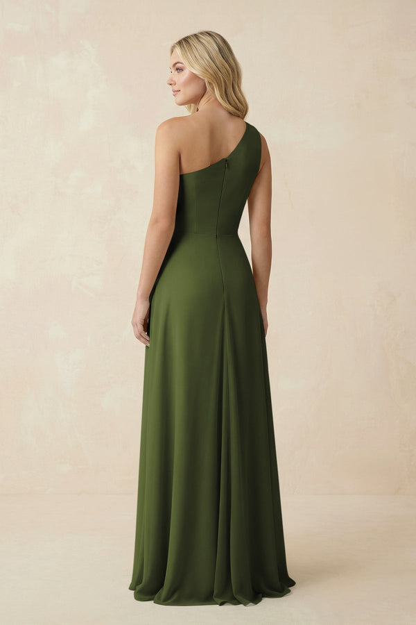 One - Shoulder Ruched A - Line Chiffon Bridesmaid Dress in Olive - SHE IS ME Bridesmaid Dresses