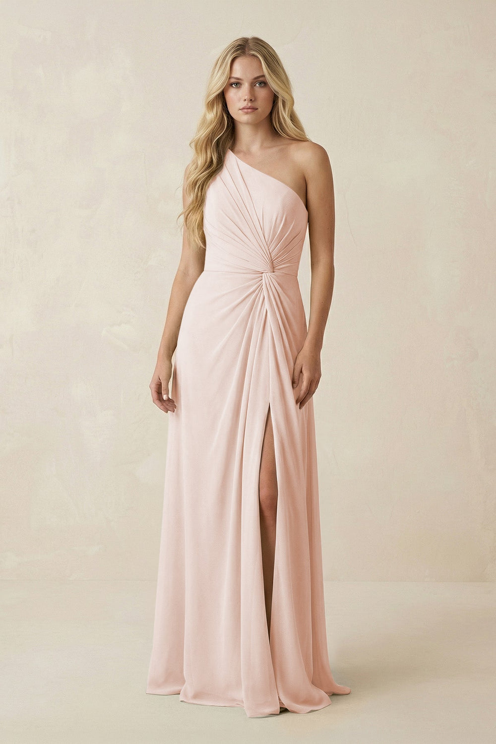 One - Shoulder Ruched A - Line Chiffon Bridesmaid Dress in Pale Blush - SHE IS ME Bridesmaid Dresses