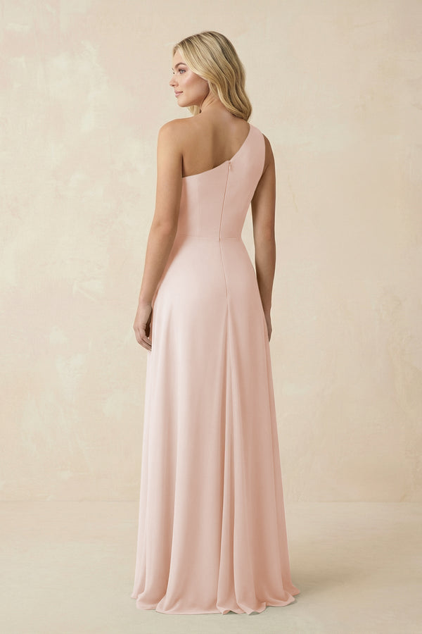 One - Shoulder Ruched A - Line Chiffon Bridesmaid Dress in Pale Blush - SHE IS ME Bridesmaid Dresses