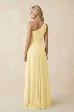 One - Shoulder Ruched A - Line Chiffon Bridesmaid Dress in Pastel Yellow - SHE IS ME Bridesmaid Dresses