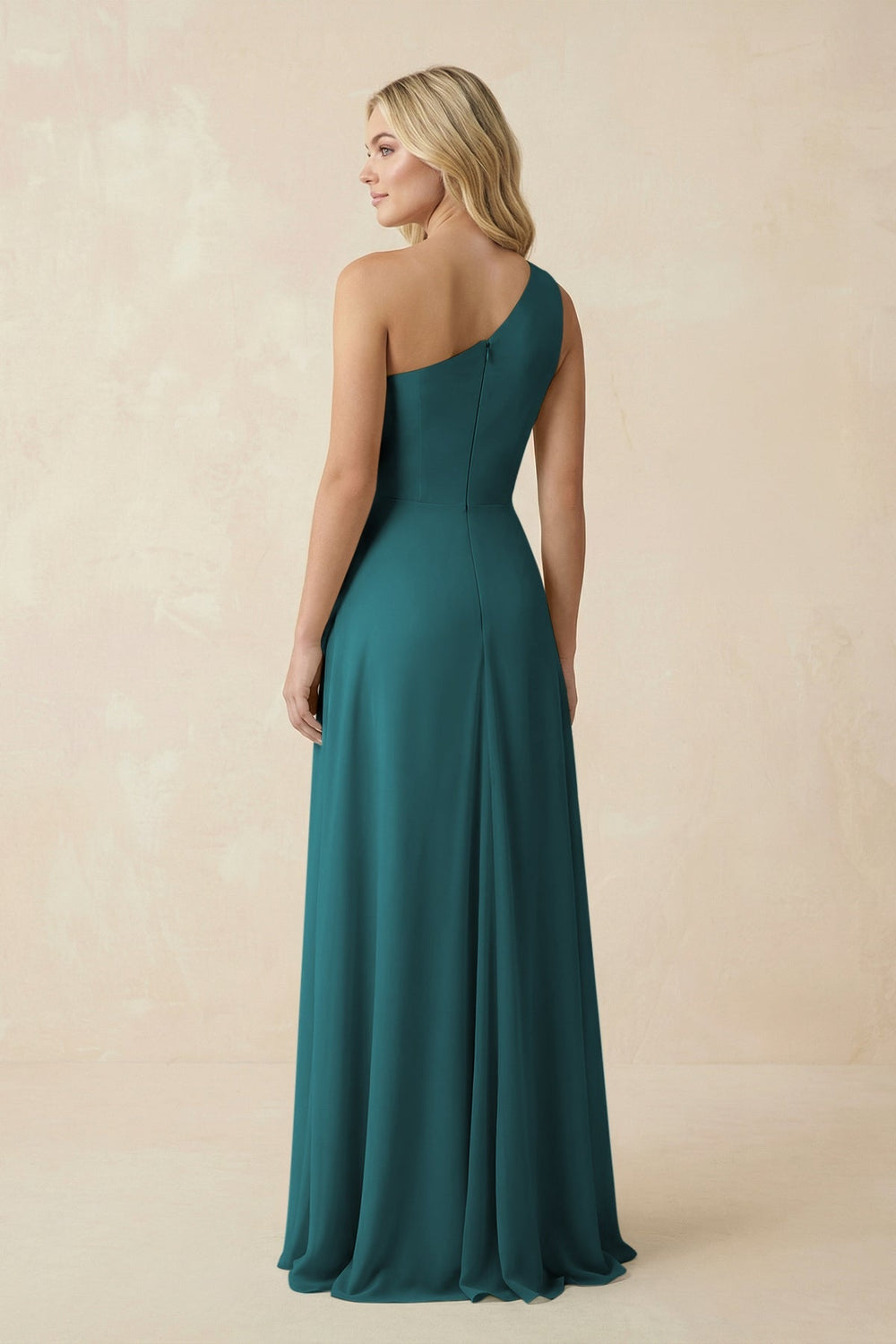 One - Shoulder Ruched A - Line Chiffon Bridesmaid Dress in Pine - SHE IS ME Bridesmaid Dresses