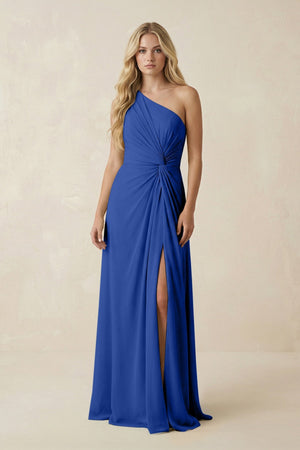 One - Shoulder Ruched A - Line Chiffon Bridesmaid Dress in Royal Blue - SHE IS ME Bridesmaid Dresses