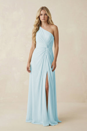 One - Shoulder Ruched A - Line Chiffon Bridesmaid Dress in Sky Blue - SHE IS ME Bridesmaid Dresses