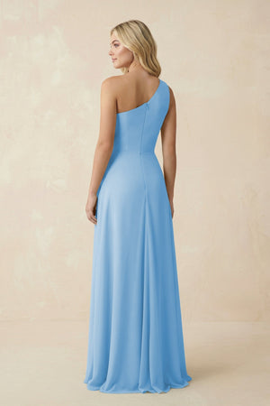 One - Shoulder Ruched A - Line Chiffon Bridesmaid Dress in Steel Blue - SHE IS ME Bridesmaid Dresses