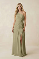 One - Shoulder Ruched A - Line Chiffon Bridesmaid Dress in Thyme - SHE IS ME Bridesmaid Dresses